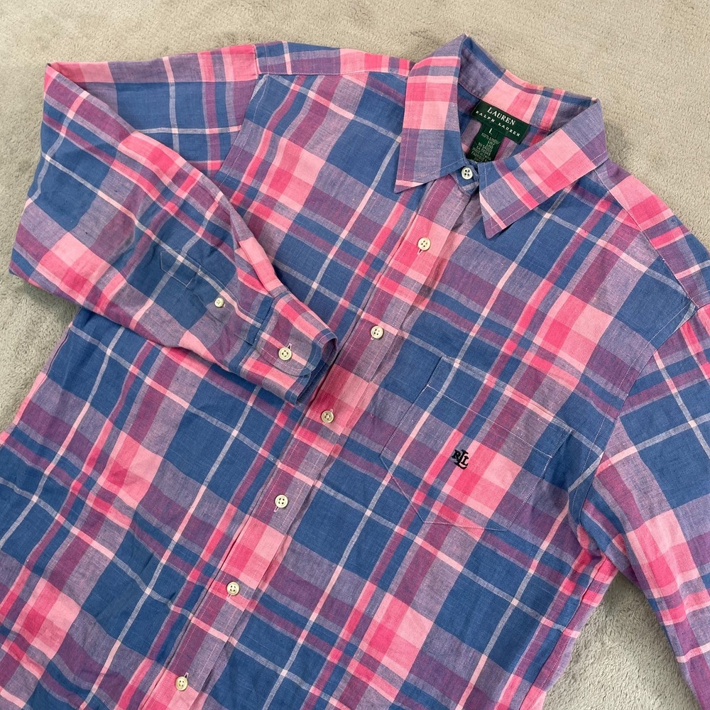 Vintage LRL Lauren Ralph Lauren Shirt Women Large Pink Blue 100% Linen Preppy